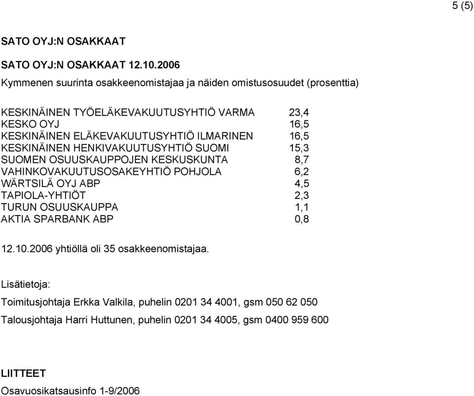 ELÄKEVAKUUTUSYHTIÖ ILMARINEN 16,5 KESKINÄINEN HENKIVAKUUTUSYHTIÖ SUOMI 15,3 SUOMEN OSUUSKAUPPOJEN KESKUSKUNTA 8,7 VAHINKOVAKUUTUSOSAKEYHTIÖ POHJOLA 6,2 WÄRTSILÄ OYJ ABP