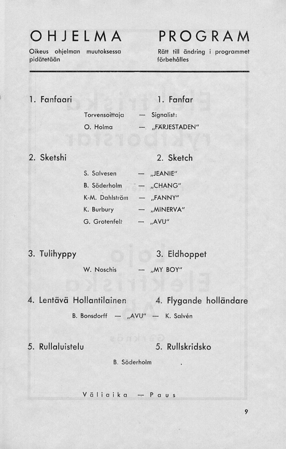 Dahlström K. Burbury G. Grotenfelt JEANIE" ~CHANG" ~FANNY" ~MINERYA" ~AVU" 3. Tulihyppy 3. Eidhoppet W. Noschis BOV" 4.