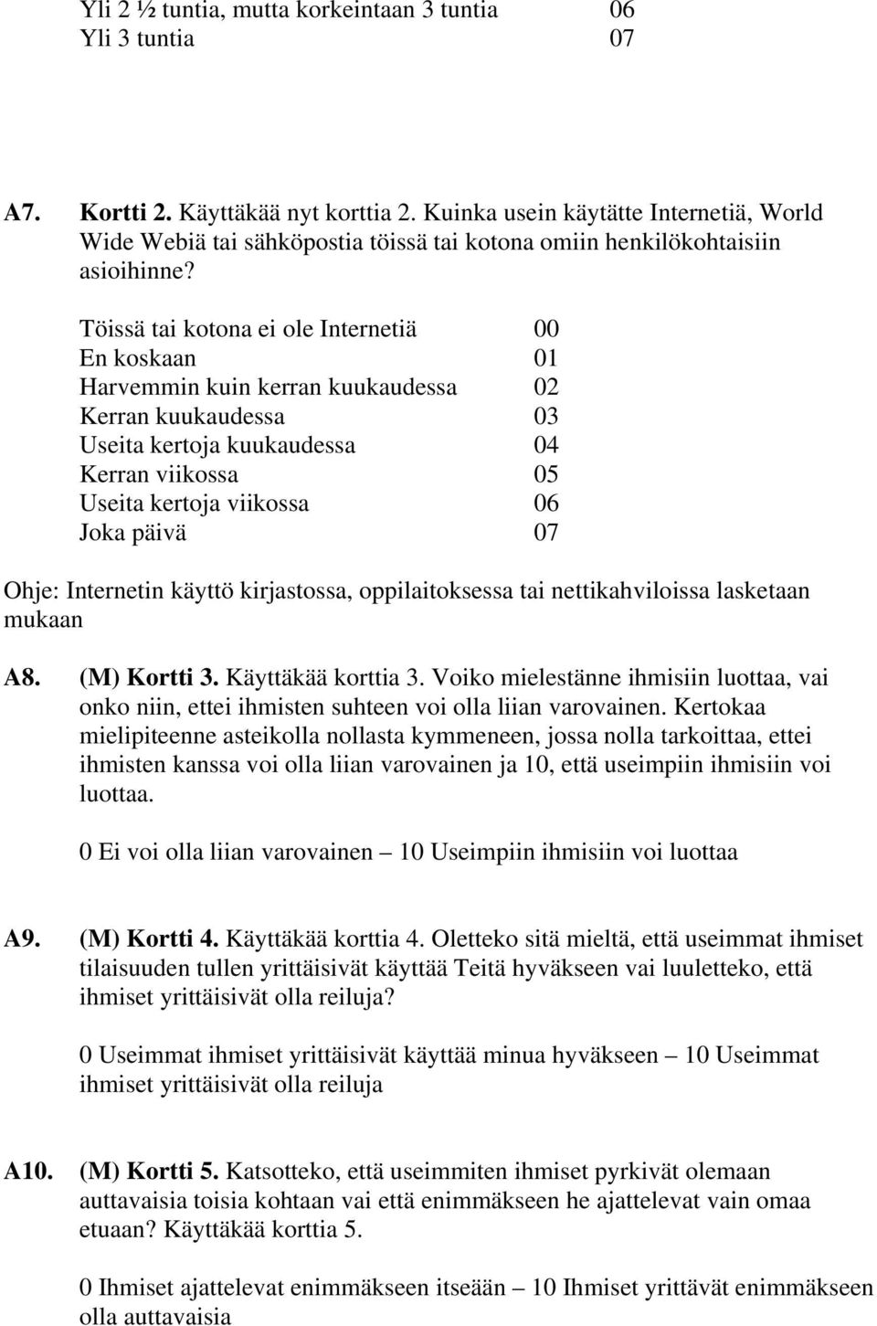 Töissä tai kotona ei ole Internetiä 00 En koskaan 01 Harvemmin kuin kerran kuukaudessa 02 Kerran kuukaudessa 03 Useita kertoja kuukaudessa 04 Kerran viikossa 05 Useita kertoja viikossa 06 Joka päivä