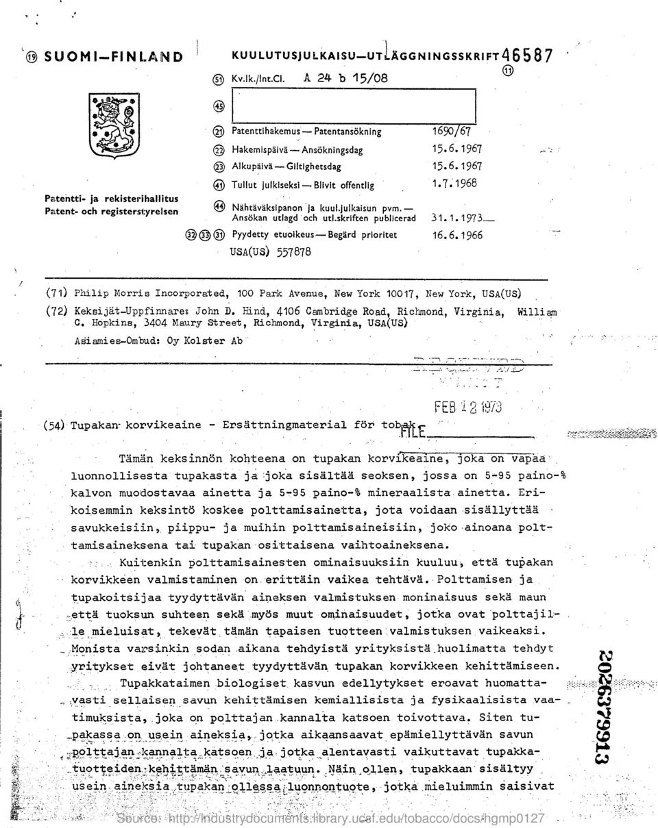 - Ansokan utlagd och uti.skriften publicerad 31.1.1973-3 3 31 Pyydetty etuolkeus-begard priorltet 16.