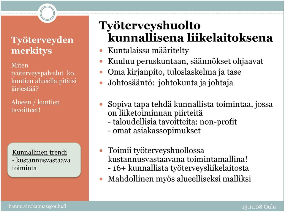 Oma kirjanpito, tuloslaskelma ja tase Johtosääntö: johtokunta ja johtaja Sopiva tapa tehdä kunnallista toimintaa, jossa on liiketoiminnan piirteitä