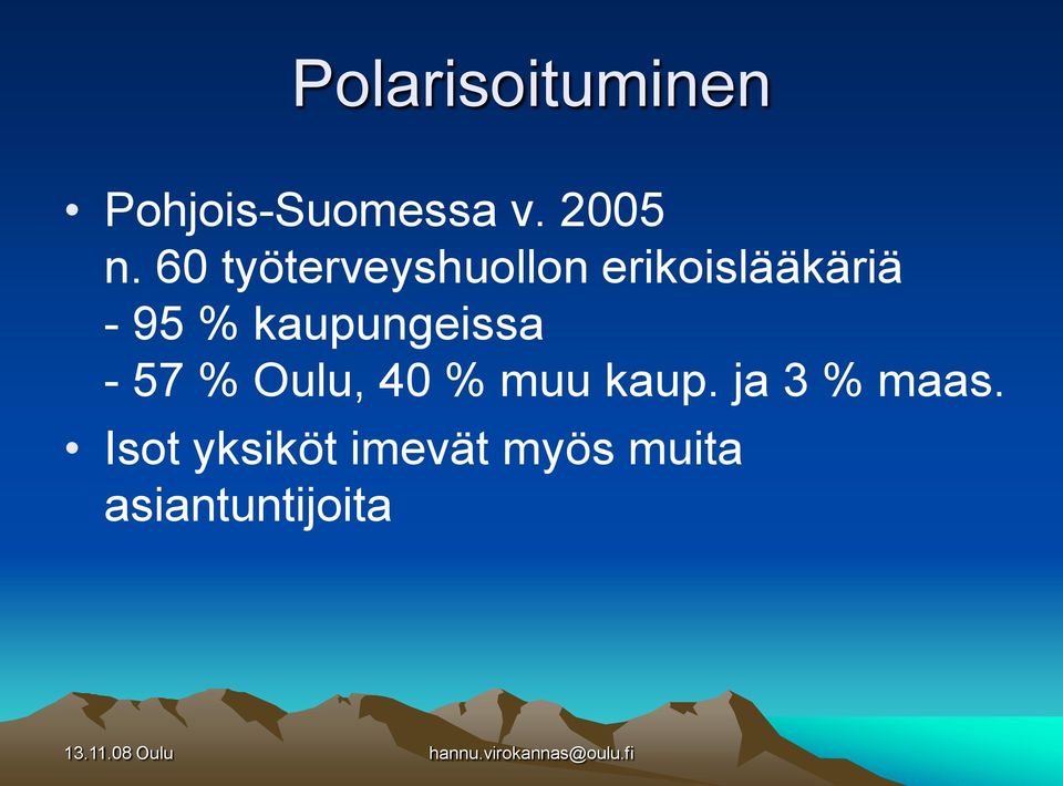 kaupungeissa - 57 % Oulu, 40 % muu kaup.