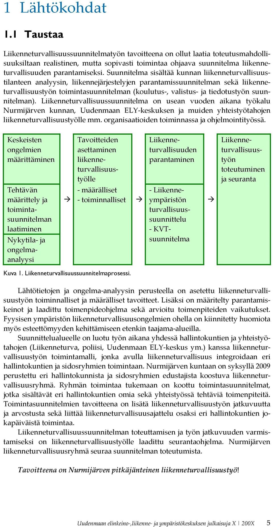 Suunnitelma sisältää kunnan liikenneturvallisuustilanteen analyysin, liikennejärjestelyjen parantamissuunnitelman sekä liikenneturvallisuustyön toimintasuunnitelman (koulutus, valistus ja