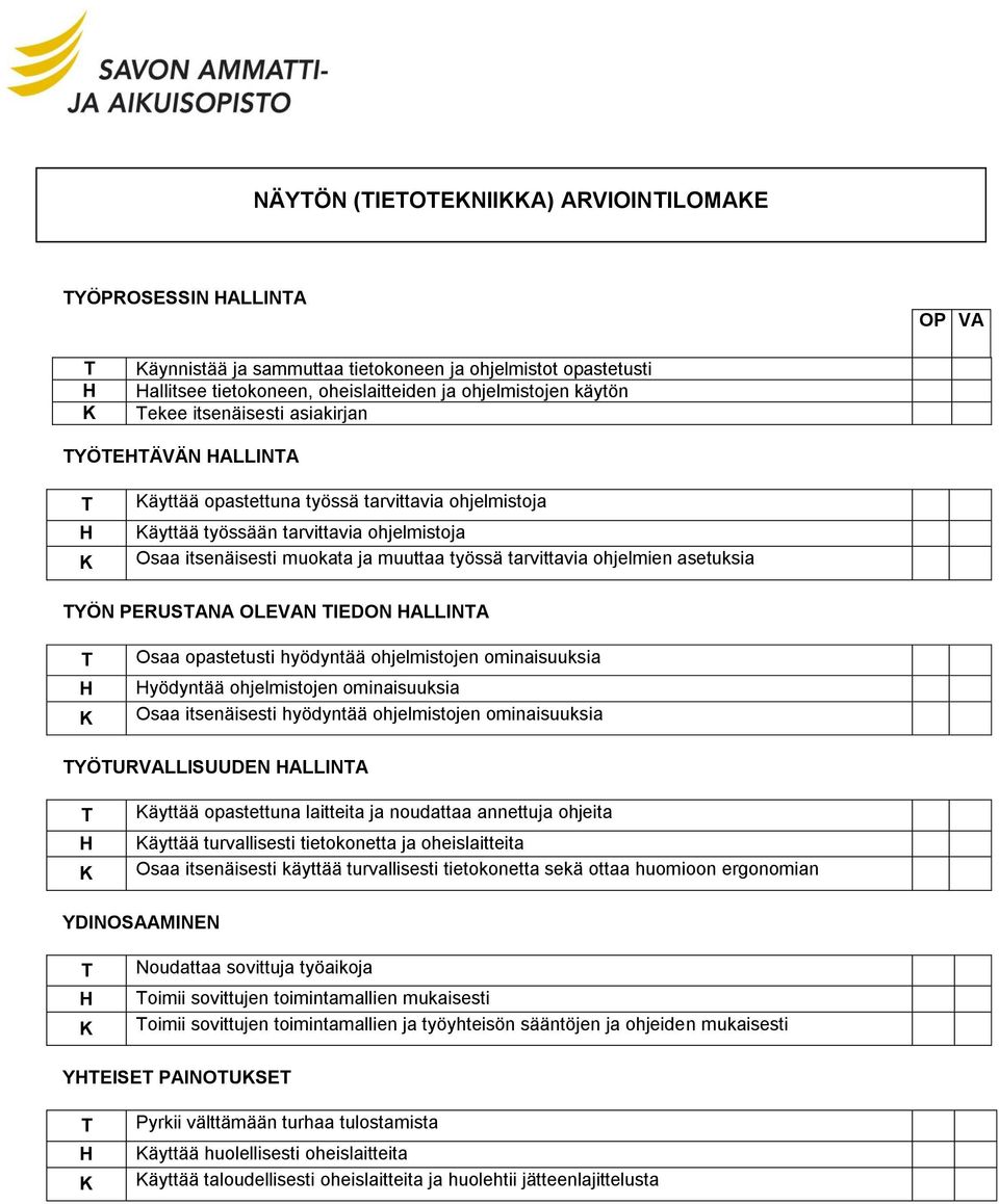 PERUSANA OLEVAN IEDON ALLINA Osaa opastetusti hyödyntää ohjelmistojen ominaisuuksia yödyntää ohjelmistojen ominaisuuksia Osaa itsenäisesti hyödyntää ohjelmistojen ominaisuuksia YÖURVALLISUUDEN ALLINA