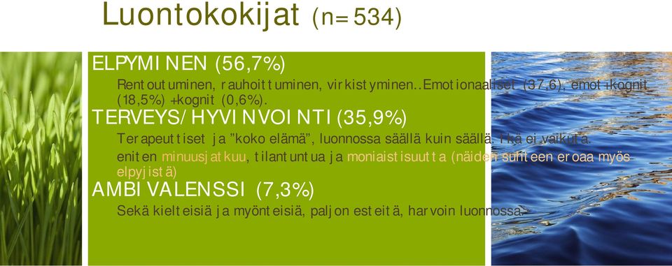 TERVEYS/HYVINVOINTI(35,9%) Terapeuttiset ja koko elämä, luonnossa säällä kuin säällä. Ikä ei vaikuta.