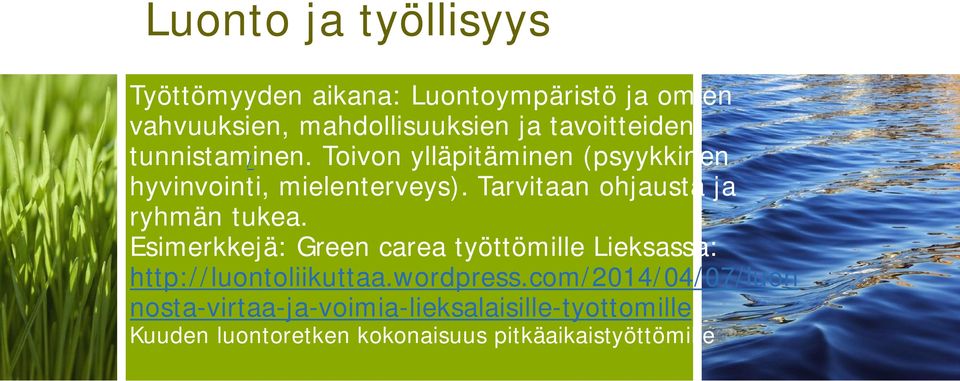 Tarvitaan ohjausta ja ryhmän tukea. Esimerkkejä: Green carea työttömille Lieksassa: http://luontoliikuttaa.