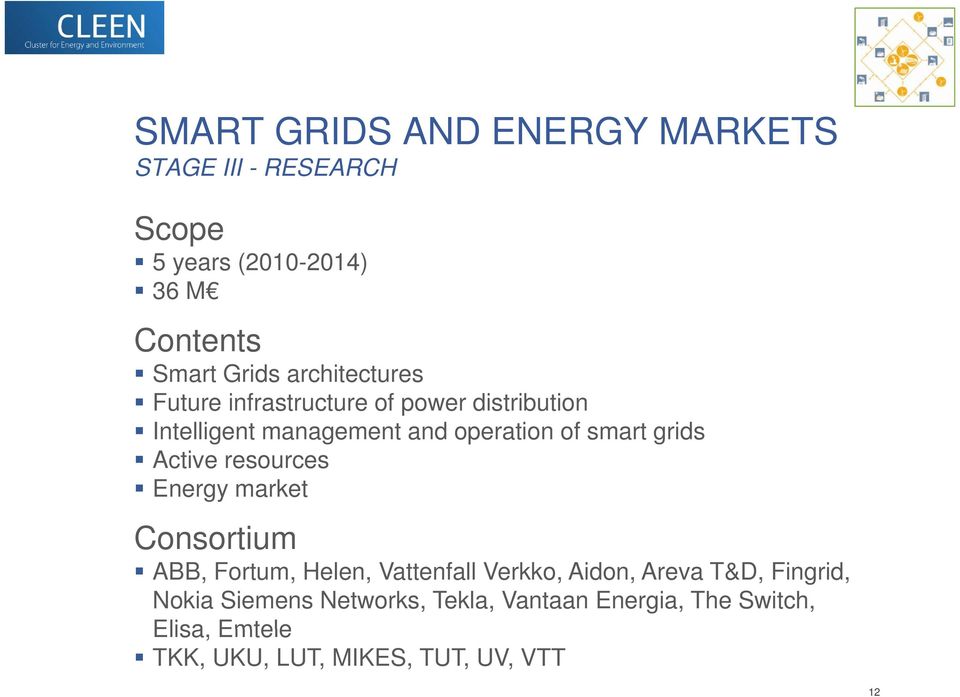 grids Active resources Energy market Consortium ABB, Fortum, Helen, Vattenfall Verkko, Aidon, Areva T&D,