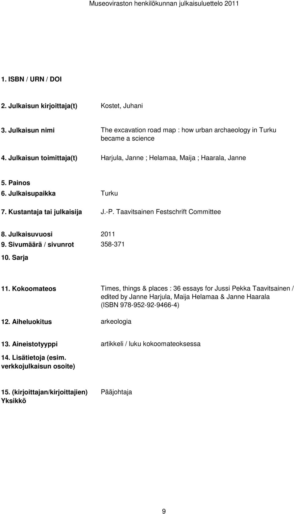 Taavitsainen Festschrift Committee 358-371 Times, things & places : 36 essays for Jussi Pekka