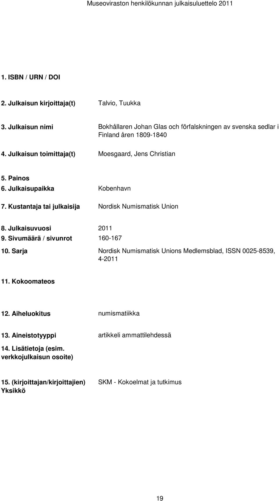 Numismatisk Union 160-167 Nordisk Numismatisk Unions Medlemsblad, ISSN