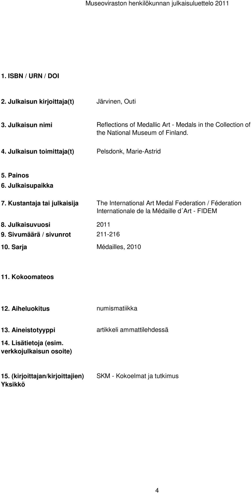 Pelsdonk, Marie-Astrid The International Art Medal Federation / Féderation