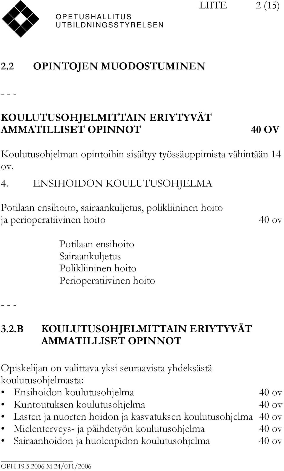 ENSIHOIDON KOULUTUSOHJELMA Potilaan ensihoito, sairaankuljetus, polikliininen hoito ja perioperatiivinen hoito 40 ov Potilaan ensihoito Sairaankuljetus Polikliininen hoito