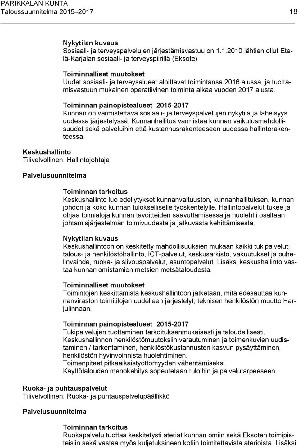 terveysalueet aloittavat toimintansa 2016 alussa, ja tuottamisvastuun mukainen operatiivinen toiminta alkaa vuoden 2017 alusta.