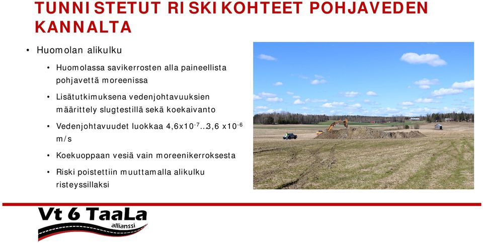 slugtestillä sekä koekaivanto Vedenjohtavuudet luokkaa 4,6x10-7 3,6 x10-6 m/s
