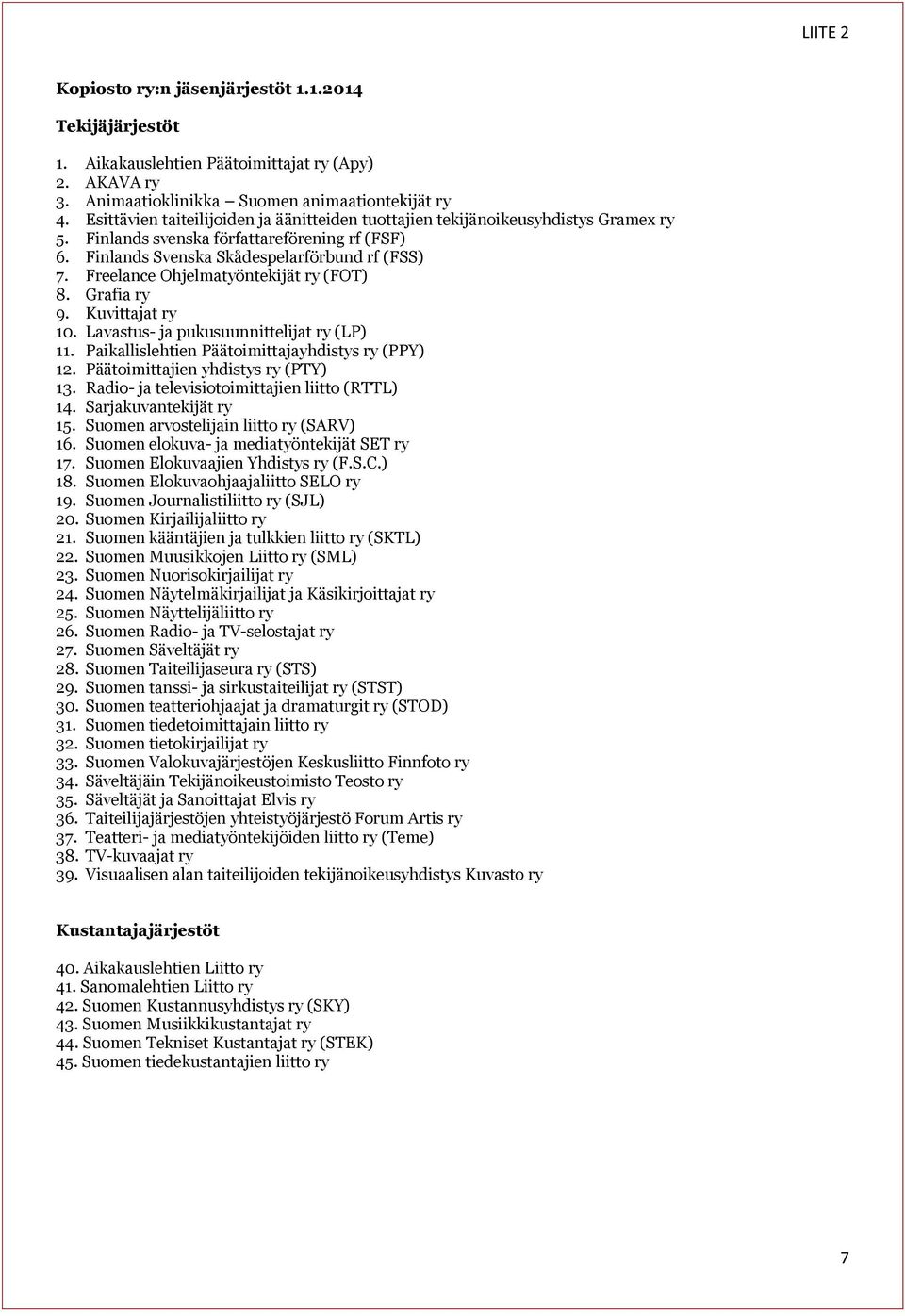 Freelance Ohjelmatyöntekijät ry (FOT) 8. Grafia ry 9. Kuvittajat ry 10. Lavastus- ja pukusuunnittelijat ry (LP) 11. Paikallislehtien Päätoimittajayhdistys ry (PPY) 12.