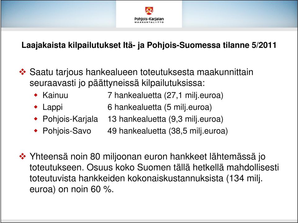 euroa) 13 hankealuetta (9,3 milj.euroa) 49 hankealuetta (38,5 milj.