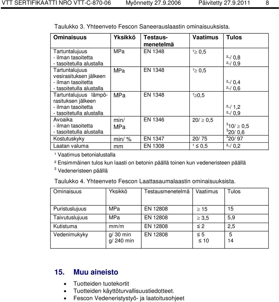 tasoitetulla alustalla Tartuntalujuus lämpörasituksen MPa EN 1348 ¹ 0,5 jälkeen - ilman tasoitetta - tasoitetulla alustalla Avoaika min/ EN 1346 20/ 0,5 - ilman tasoitetta - tasoitetulla alustalla