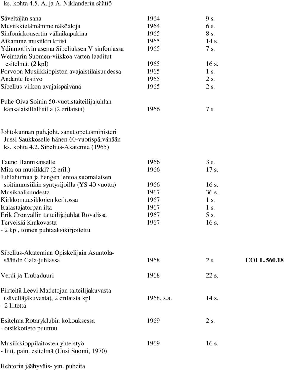 Andante festivo 1965 2 s. Sibelius-viikon avajaispäivänä 1965 2 s. Puhe Oiva Soinin 50-vuotistaiteilijajuhlan kansalaisillallisilla (2 erilaista) 1966 7 s. Johtokunnan puh.joht.
