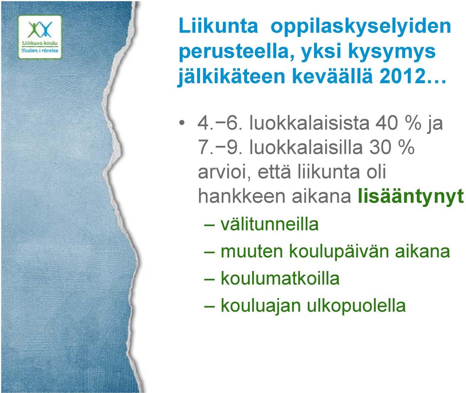 luokkalaisilla 30 % arvioi, että liikunta oli hankkeen aikana