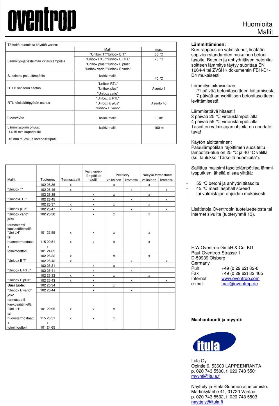 "Unibox E RTL" "Unibox E plus" Asento 40 "Unibox E vario" kaikki mallit 20 m² Lämmityspiirin pituus: kaikki mallit 100 m -14/15 mm kupariputki -16 mm muovi- ja komposiittiputki Paluuveden lämpötilan