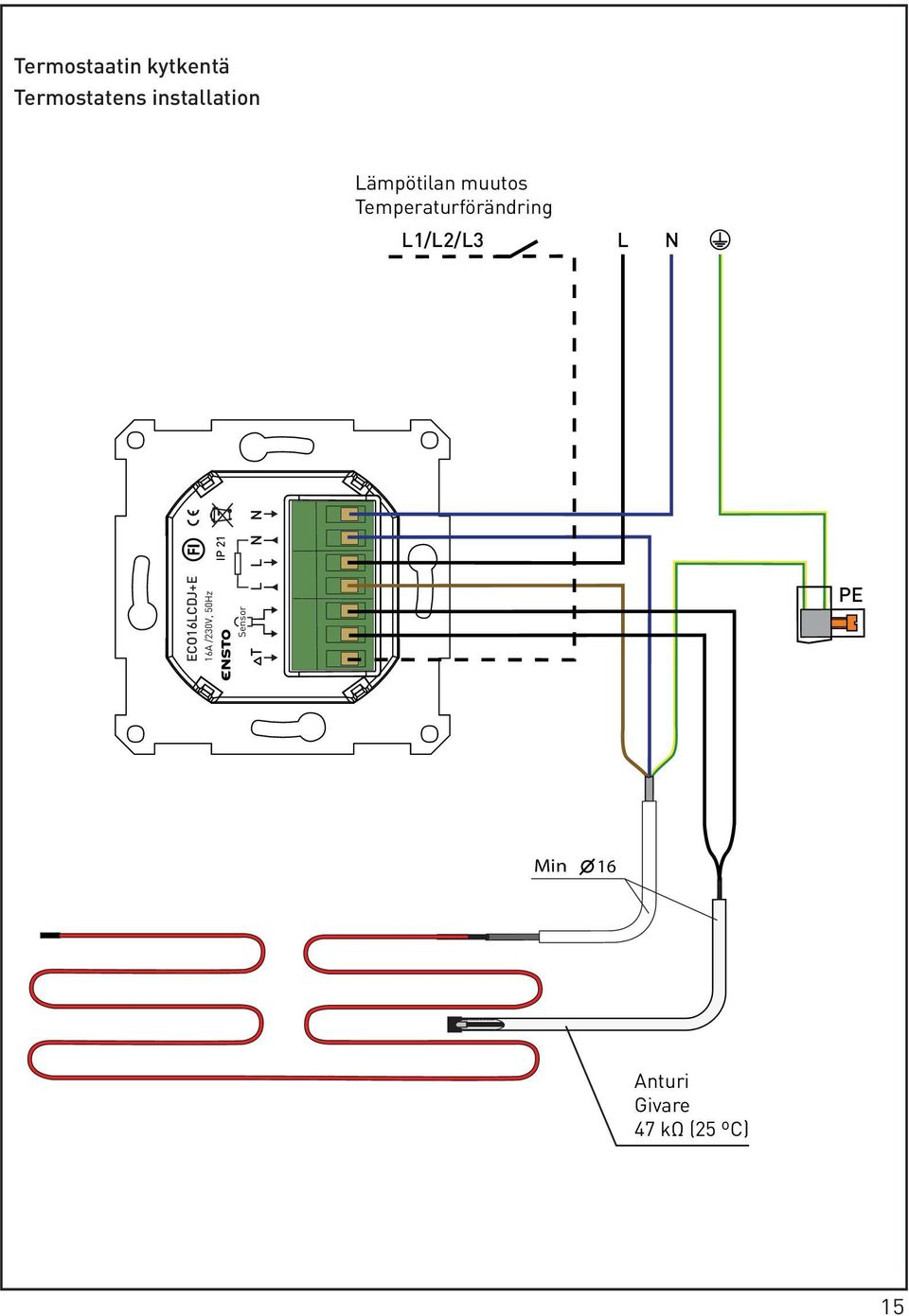 L N ECO16LCDJ+E 16A /230V, 50Hz IP 21 Sensor L