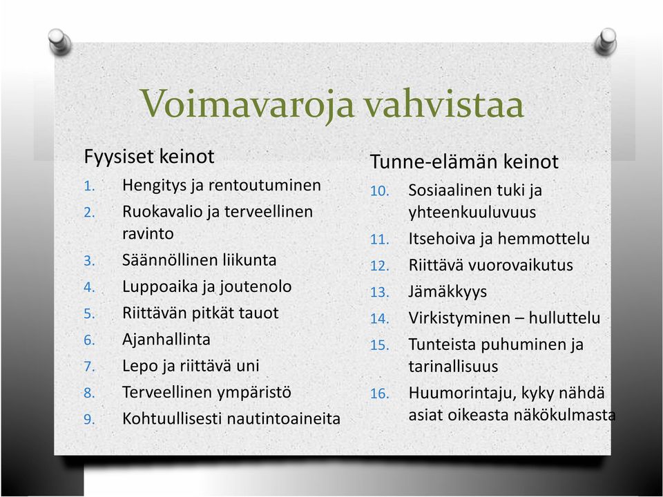 Ajanhallinta Lepo ja riittävä uni Terveellinen ympäristö Kohtuullisesti nautintoaineita Tunne-elämän keinot 10. 11. 12. 13. 14. 15. 16.