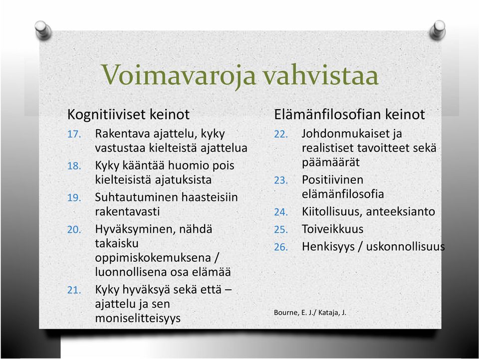 rakentavasti Hyväksyminen, nähdä takaisku oppimiskokemuksena / luonnollisena osa elämää Kyky hyväksyä sekä että ajattelu ja sen