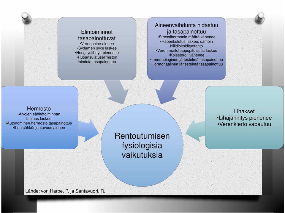 vähenee Immunologinen järjestelmä tasapainottuu Hormonaalinen järjestelmä tasapainottuu Hermosto Aivojen sähkötoiminnan taajuus laskee Autonominen hermosto