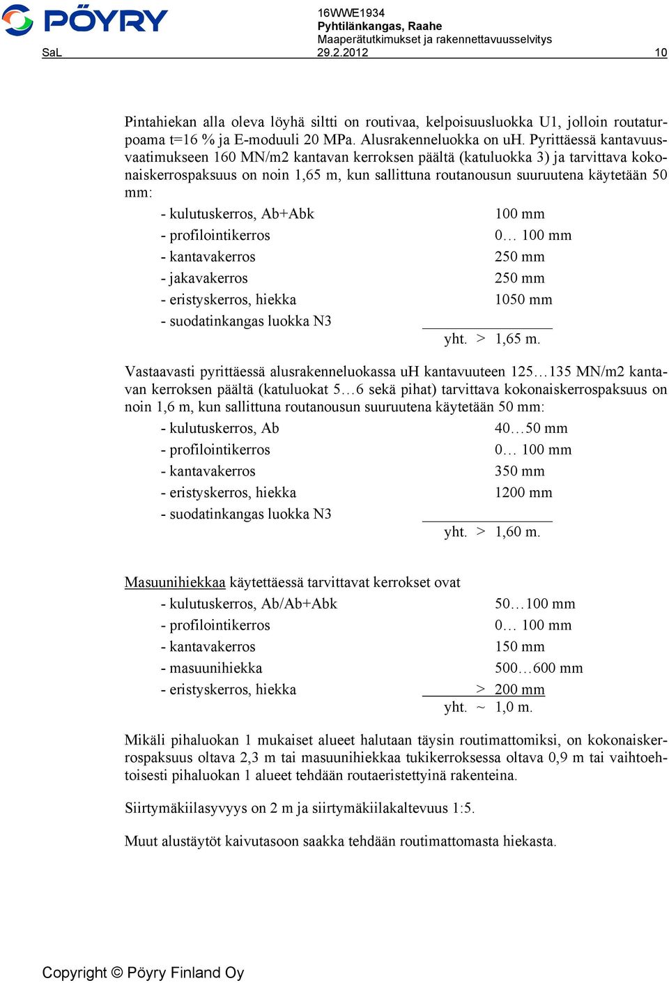 kulutuskerros, Ab+Abk 100 mm - profilointikerros 0 100 mm - kantavakerros 250 mm - jakavakerros 250 mm - eristyskerros, hiekka 1050 mm - suodatinkangas luokka N3 yht. > 1,65 m.