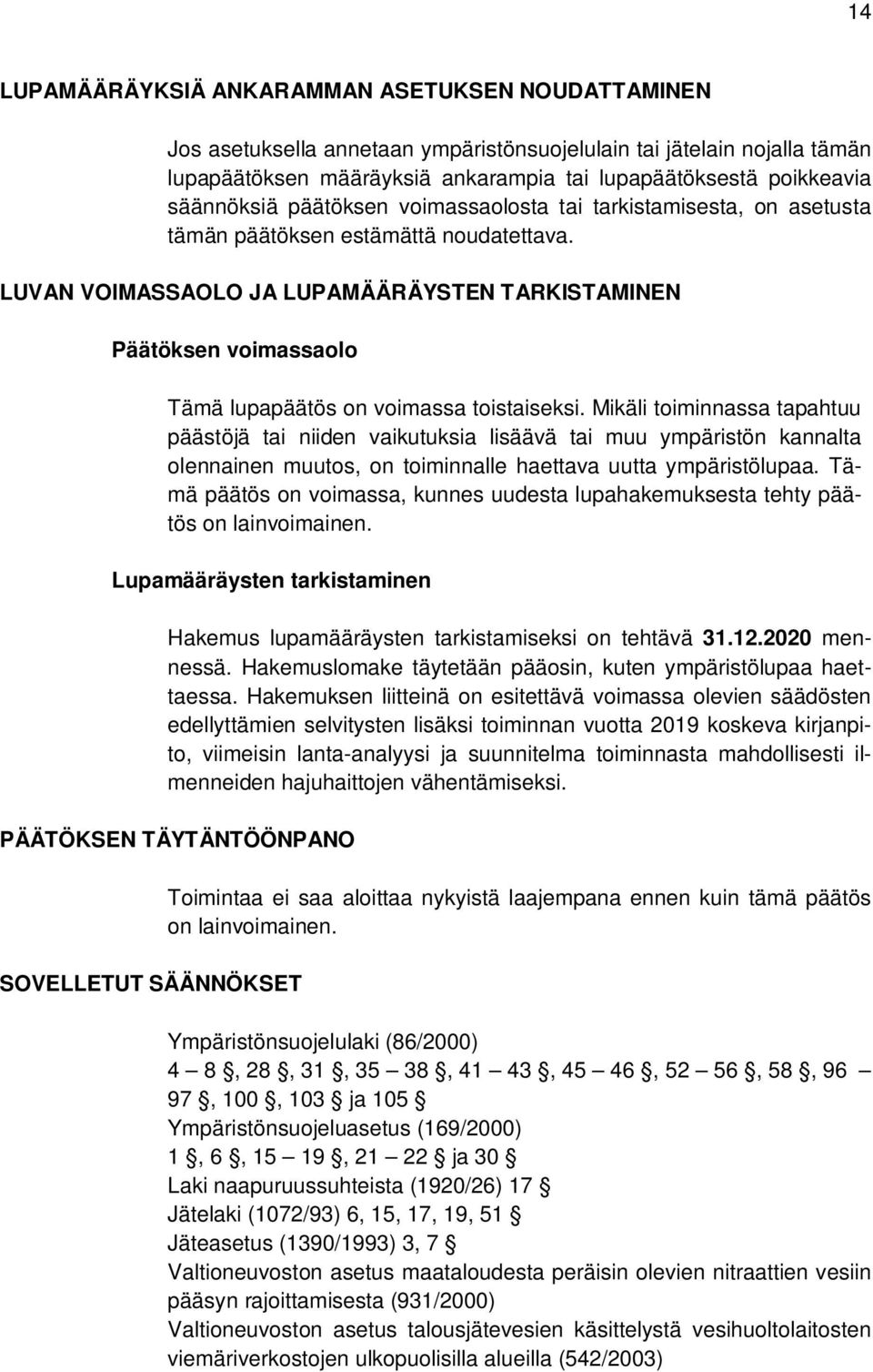 LUVAN VOIMASSAOLO JA LUPAMÄÄRÄYSTEN TARKISTAMINEN Päätöksen voimassaolo Tämä lupapäätös on voimassa toistaiseksi.