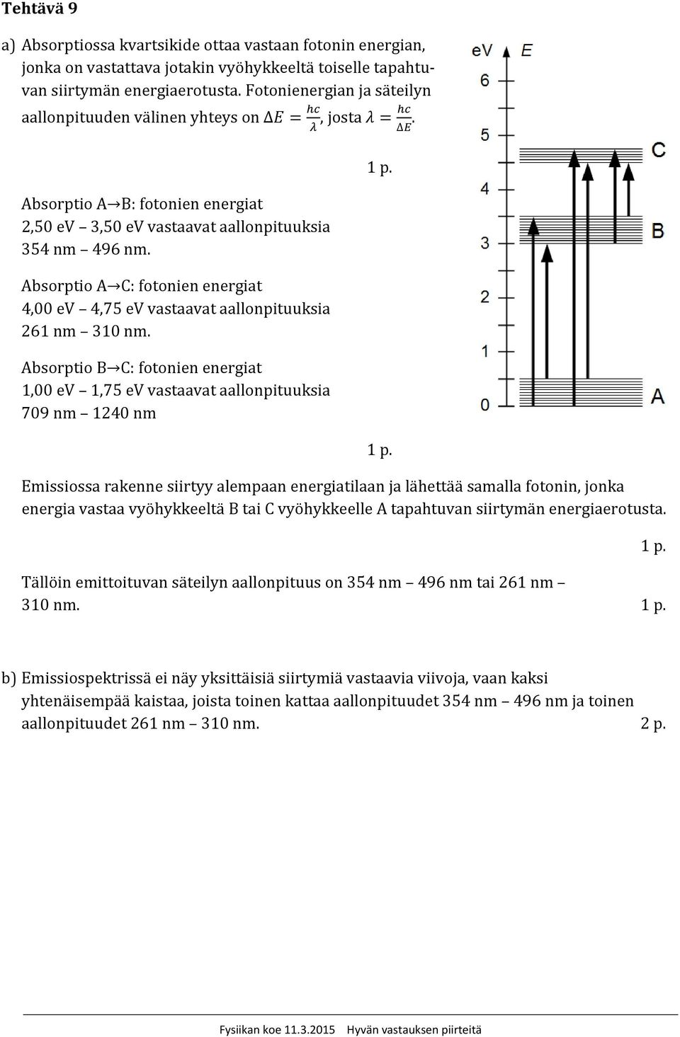 Absorptio A C: fotonien energiat 4,00 ev 4,75 ev vastaavat aallonpituuksia 261 nm 310 nm.