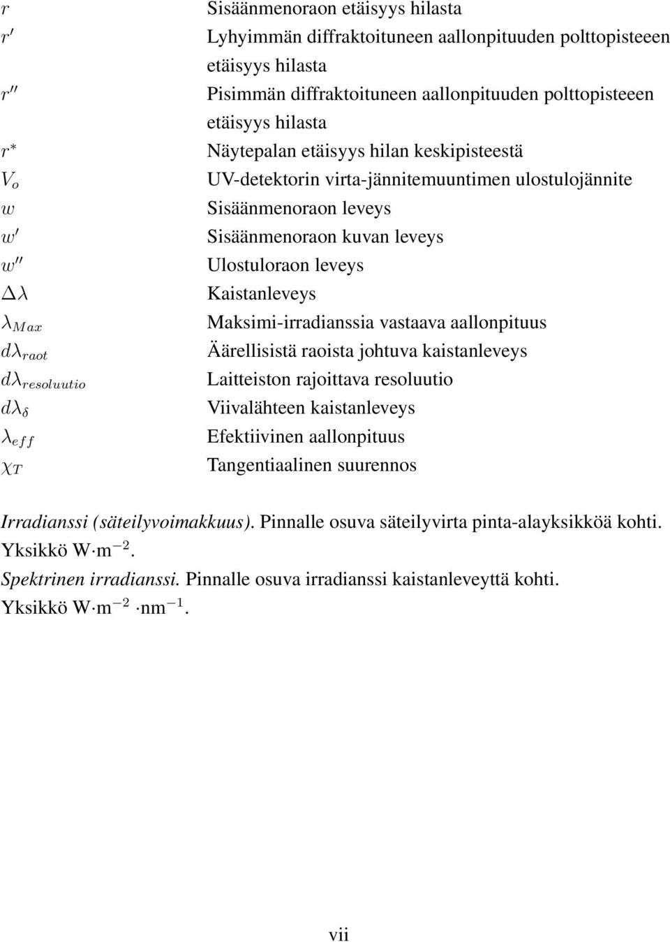 Ulostuloraon leveys Kaistanleveys Maksimi-irradianssia vastaava aallonpituus Äärellisistä raoista johtuva kaistanleveys Laitteiston rajoittava resoluutio Viivalähteen kaistanleveys Efektiivinen