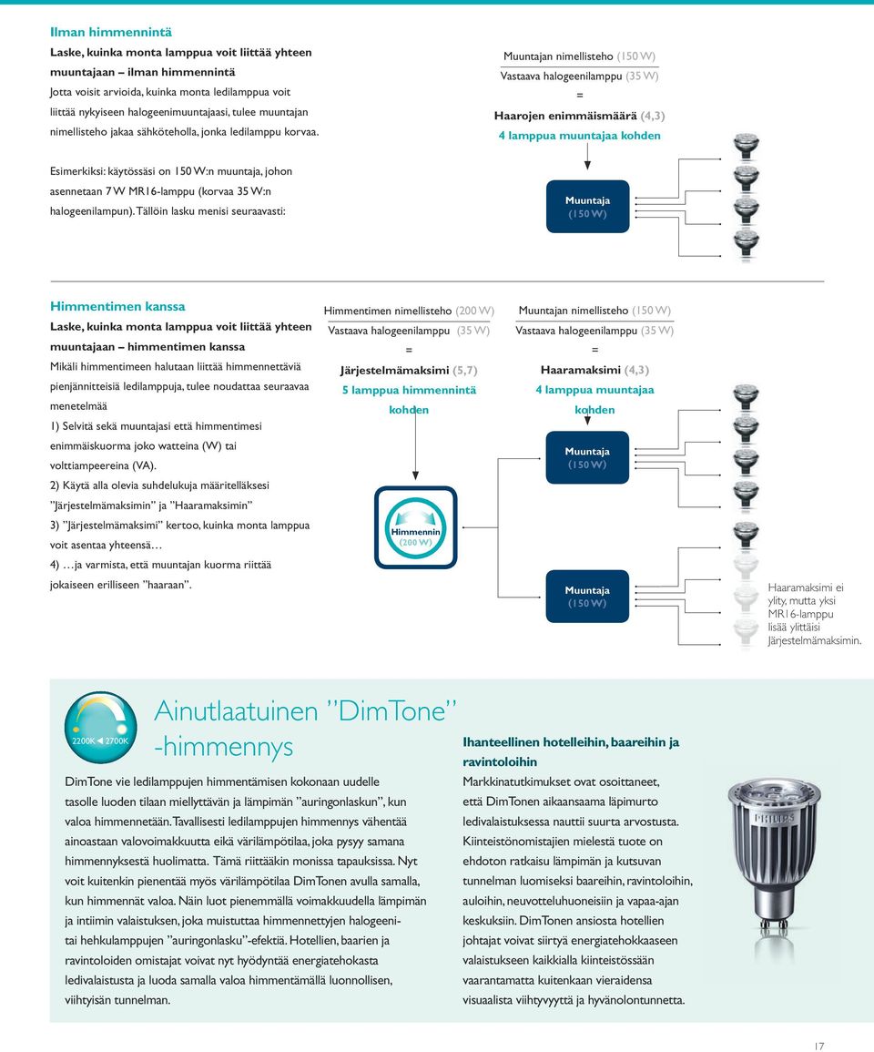 Muuntajan nimellisteho (150 W) Vastaava halogeenilamppu (35 W) = Haarojen enimmäismäärä (4,3) 4 lamppua muuntajaa kohden Esimerkiksi: käytössäsi on 150 W:n muuntaja, johon asennetaan 7 W MR16lamppu