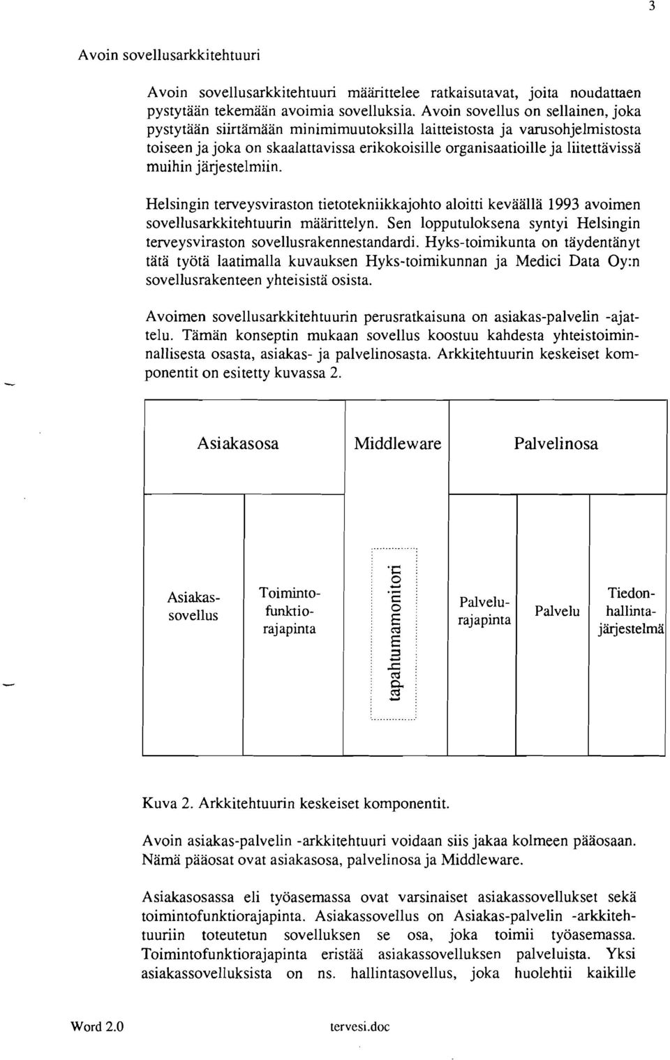 järjestelmiin. Helsingin terveysviraston tietotekniikkajohto aloitti keväällä 1993 avoimen sovellusarkkitehtuurin määrittelyn.