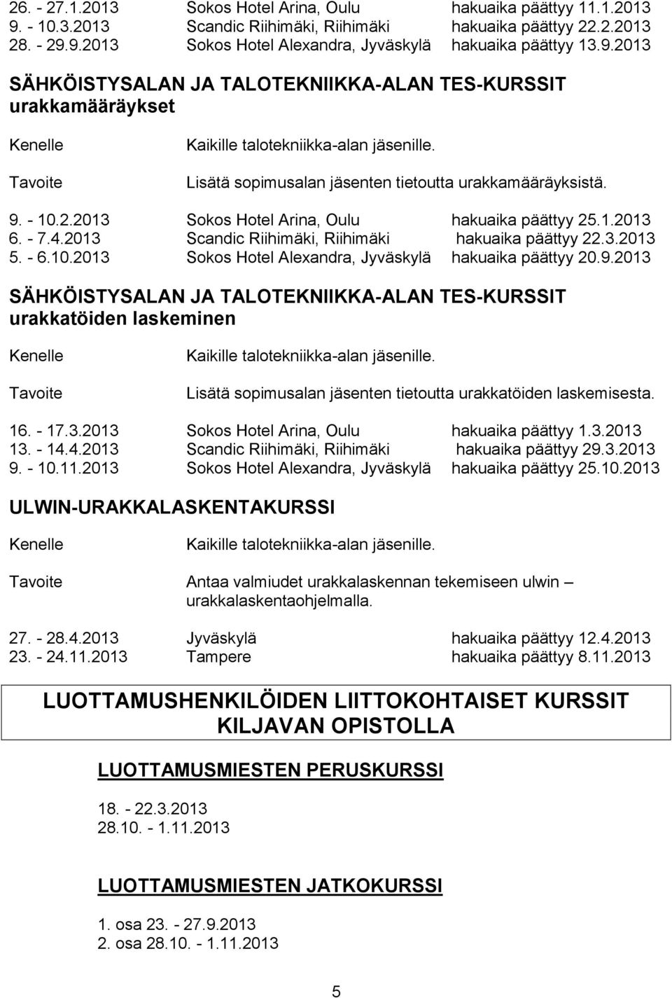 1.2013 6. - 7.4.2013 Scandic Riihimäki, Riihimäki hakuaika päättyy 22.3.2013 5. - 6.10.2013 Sokos Hotel Alexandra, Jyväskylä hakuaika päättyy 20.9.