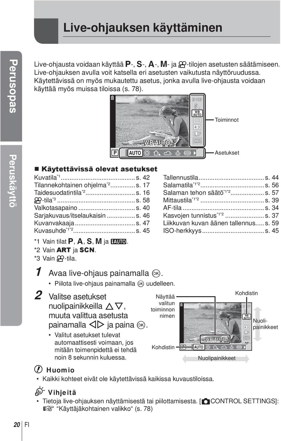 Käytettävissä olevat asetukset Kuvatila *1... s. 42 Tilannekohtainen ohjelma *2... s. 17 Taidesuodatintila *2... s. 16 n-tila *3... s. 58 Valkotasapaino... s. 40 Sarjakuvaus/itselaukaisin... s. 46 Kuvanvakaaja.