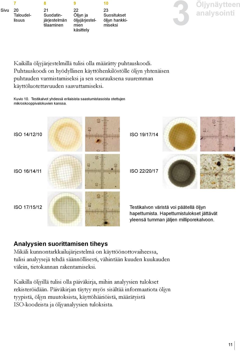 Testikalvot yhdessä erilaisista saastumistasoista otettujen mikroskooppivalokuvien kanssa. ISO 1//10 ISO 19/17/1 ISO /1/11 ISO /20/17 ISO 17/15/ Testikalvon väristä voi päätellä öljyn hapettumista.