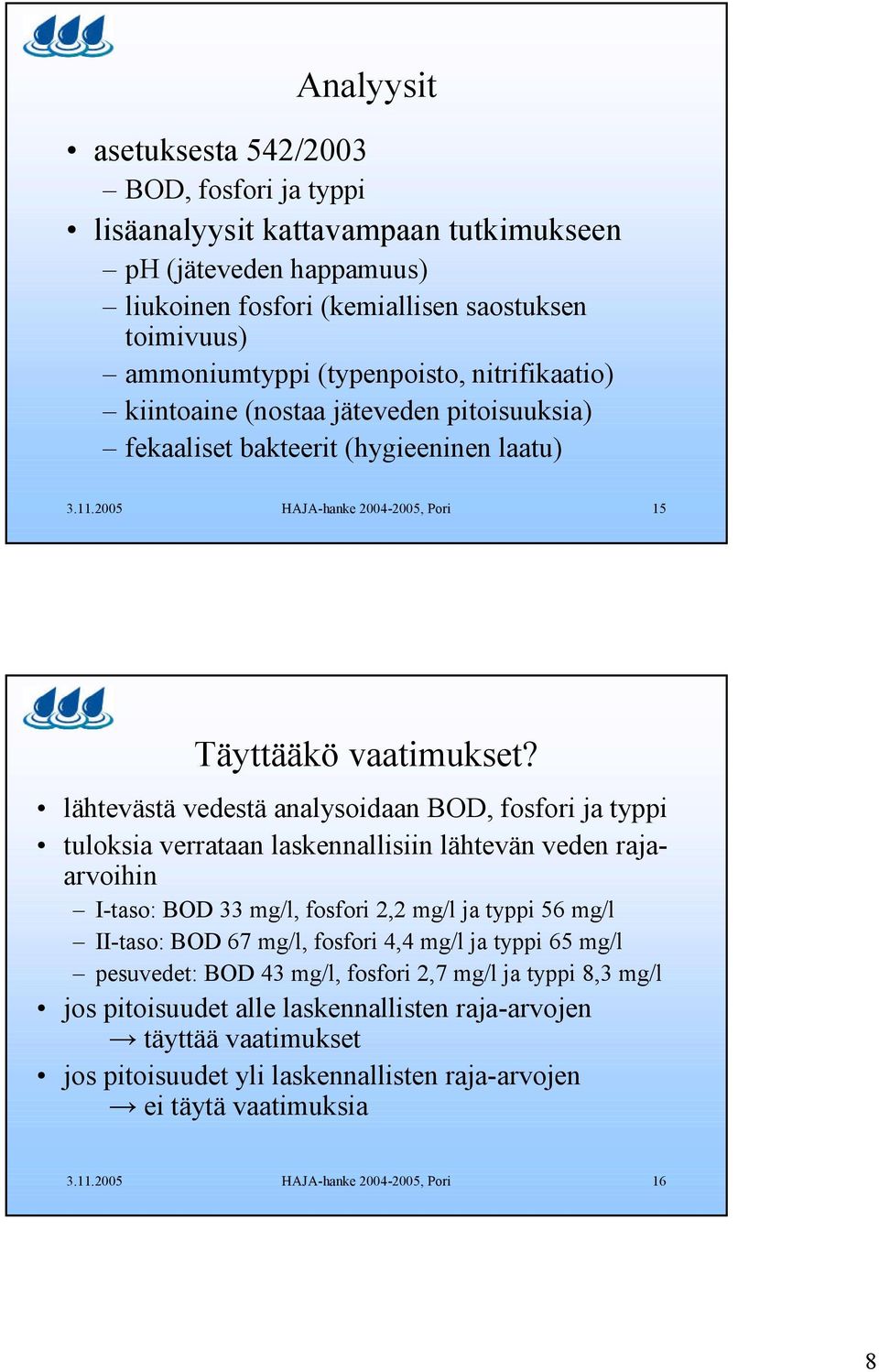 lähtevästä vedestä analysoidaan BOD, fosfori ja typpi tuloksia verrataan laskennallisiin lähtevän veden rajaarvoihin I-taso: BOD 33 mg/l, fosfori 2,2 mg/l ja typpi 56 mg/l II-taso: BOD 67 mg/l,