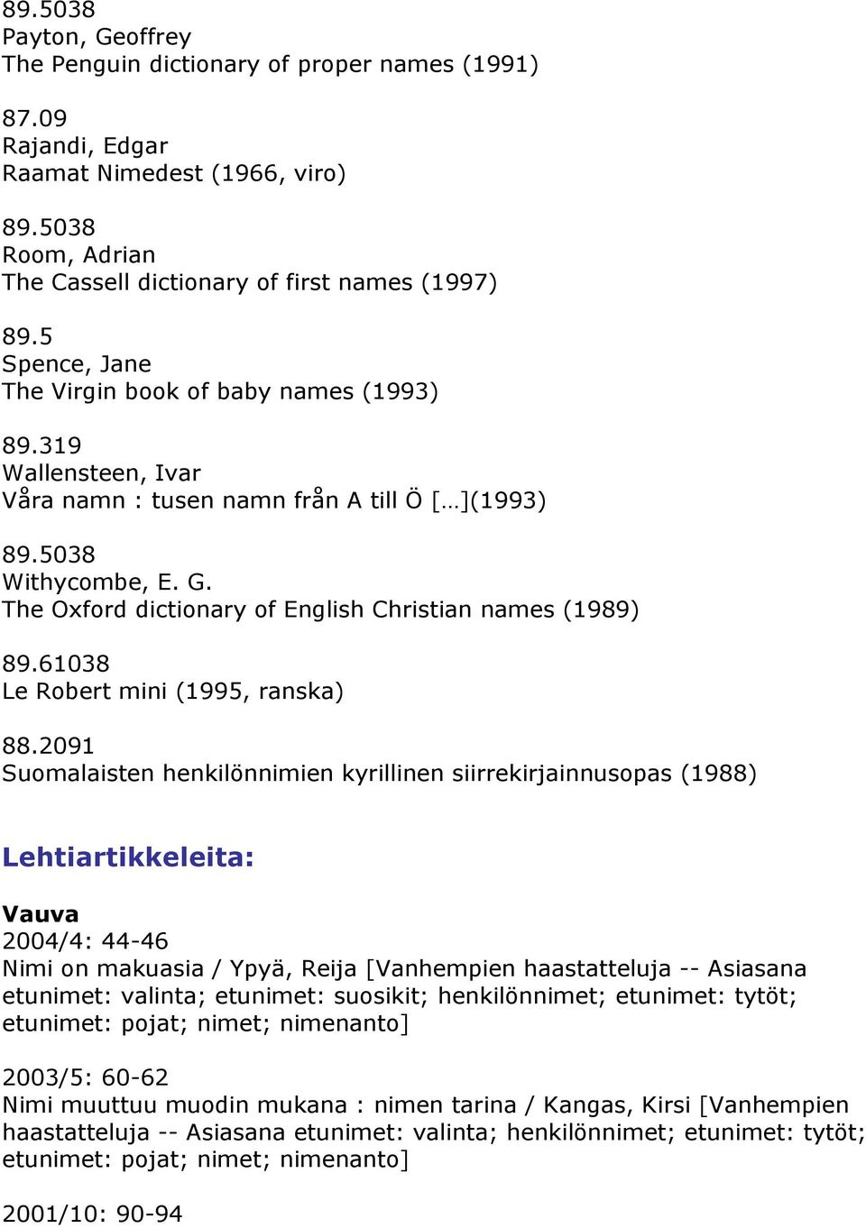 The Oxford dictionary of English Christian names (1989) 89.61038 Le Robert mini (1995, ranska) 88.