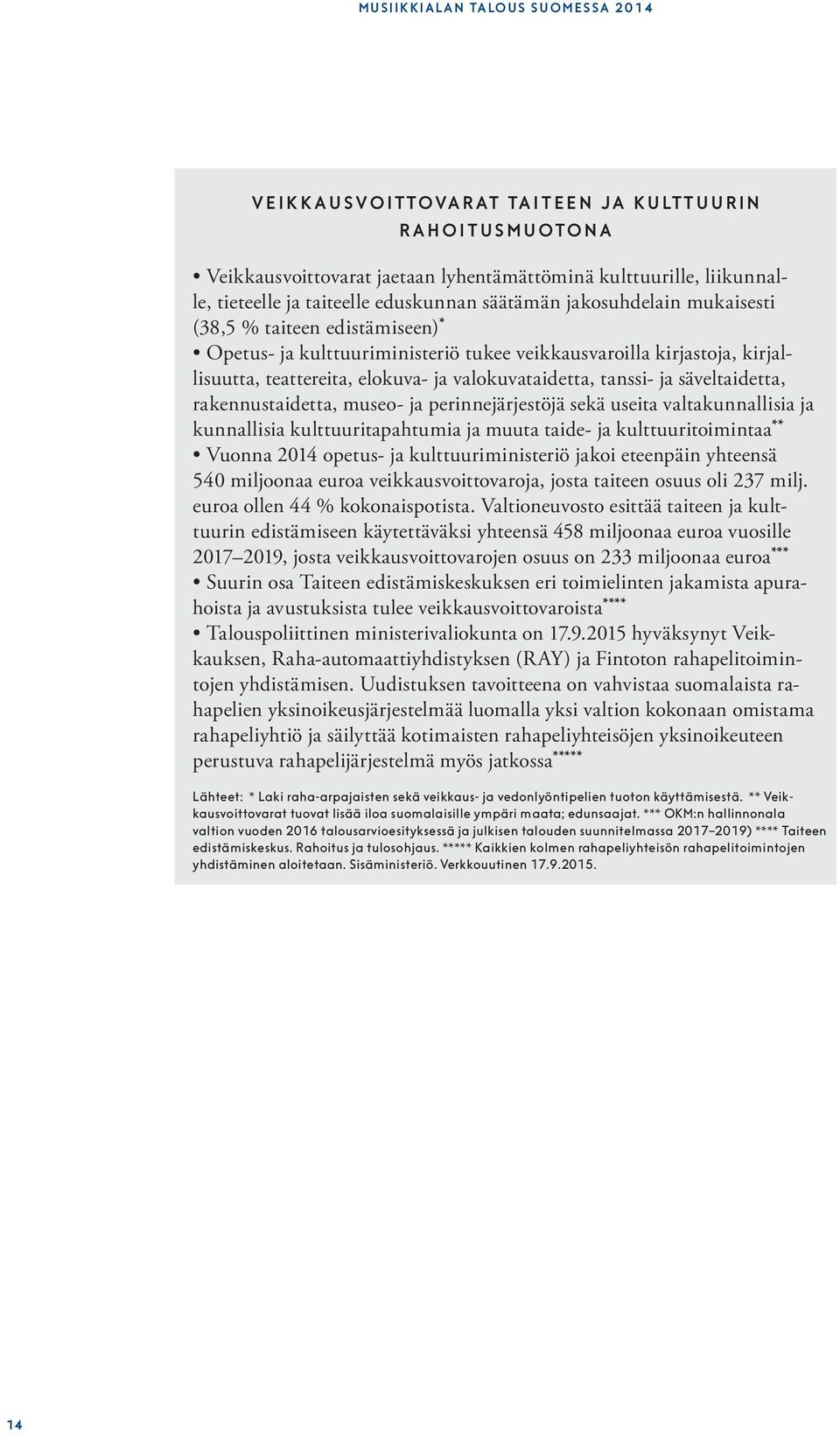 ja säveltaidetta, rakennustaidetta, museo- ja perinnejärjestöjä sekä useita valtakunnallisia ja kunnallisia kulttuuritapahtumia ja muuta taide- ja kulttuuritoimintaa ** Vuonna 2014 opetus- ja