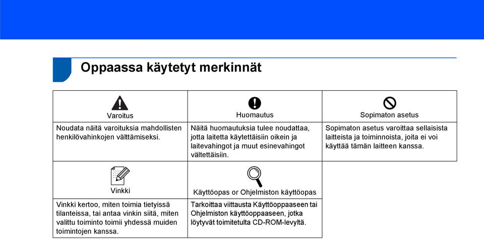 Sopimaton asetus varoittaa sellaisista laitteista ja toiminnoista, joita ei voi käyttää tämän laitteen kanssa.