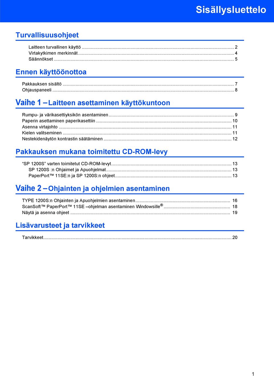 .. 11 Nestekidenäytön kontrastin säätäminen... 12 Pakkauksen mukana toimitettu CD-ROM-levy SP 1200S varten toimitetut CD-ROM-levyt... 13 SP 1200S :n Ohjaimet ja Apuohjelmat.