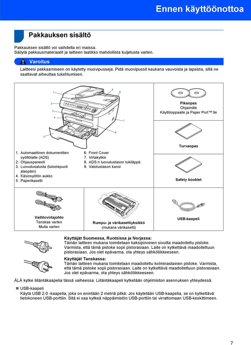 1 9 8 2 3 4 7 Pikaopas Ohjaimille Käyttöoppaalle ja Paper Port :lle 5 6 1. Automaattinen dokumenttien syöttölaite (ADS) 2. Ohjauspaneeli 3. Luovutusalusta (tulostepuoli alaspäin) 4.