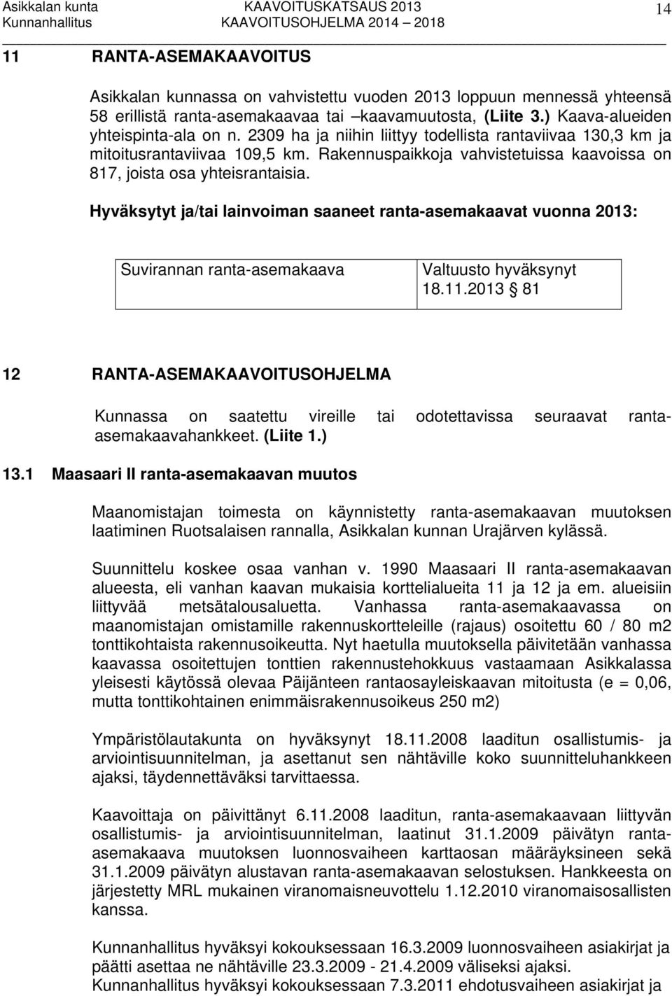 Hyväksytyt ja/tai lainvoiman saaneet ranta-asemakaavat vuonna 2013: Suvirannan ranta-asemakaava Valtuusto hyväksynyt 18.11.