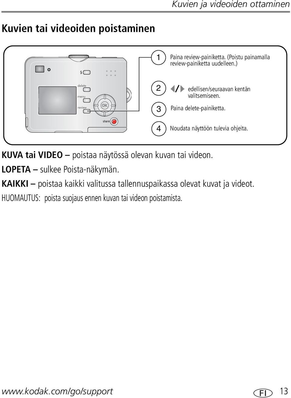 4 Noudata näyttöön tulevia ohjeita. KUVA tai VIDEO poistaa näytössä olevan kuvan tai videon. LOPETA sulkee Poista-näkymän.