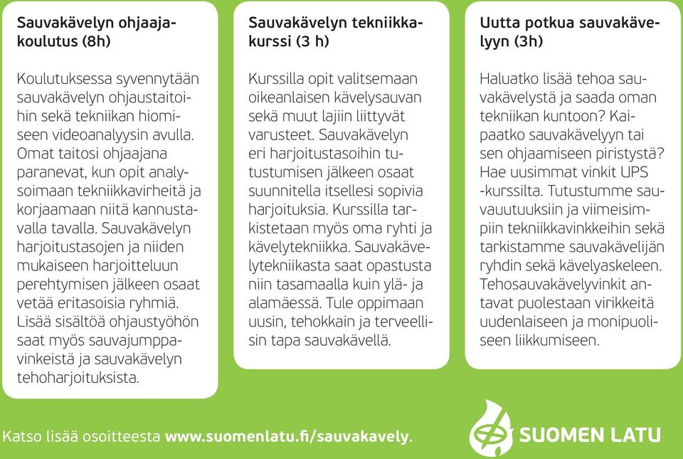 Sauvakävelyn harjoitustasojen ja niiden mukaiseen harjoitteluun perehtymisen jälkeen osaat vetää eritasoisia ryhmiä.