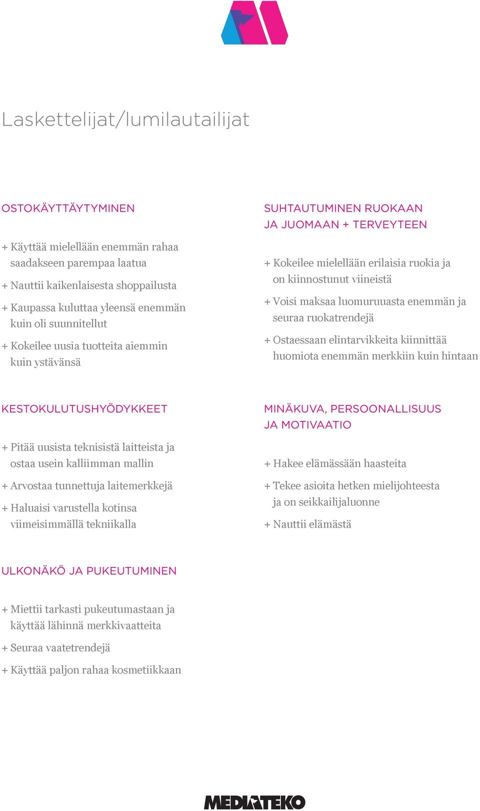 enemmän ja seuraa ruokatrendejä Ostaessaan elintarvikkeita kiinnittää huomiota enemmän merkkiin kuin hintaan KESTOKULUTUSHYÖDYKKEET Pitää uusista teknisistä laitteista ja ostaa usein kalliimman