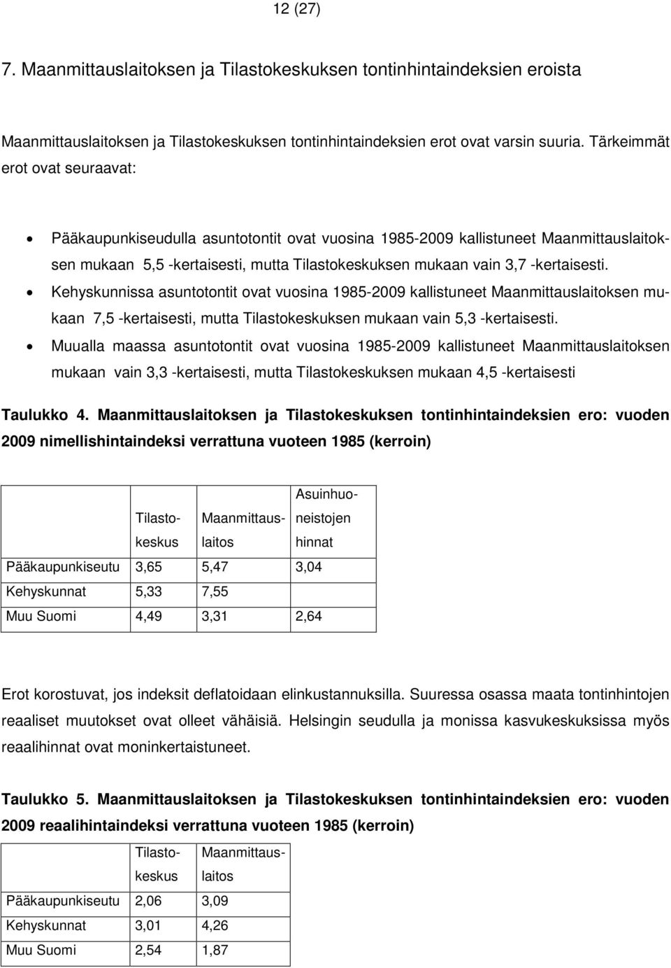 Kehyskunnissa asuntotontit ovat vuosina 1985-2009 kallistuneet Maanmittauslaitoksen mukaan 7,5 -kertaisesti, mutta Tilastokeskuksen mukaan vain 5,3 -kertaisesti.