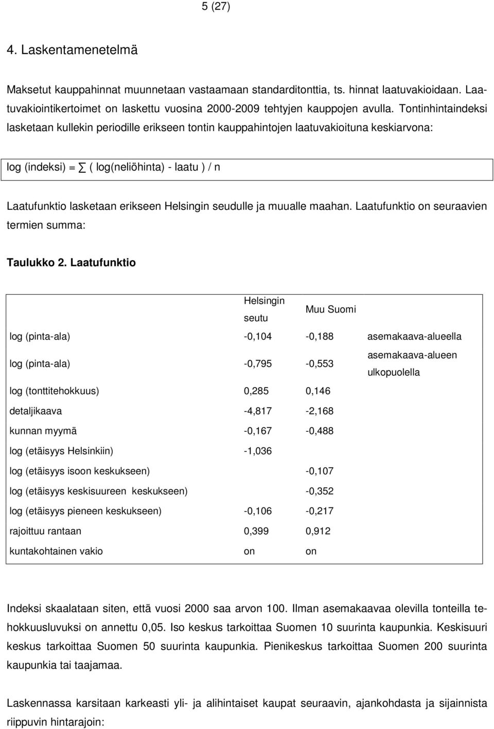 seudulle ja muualle maahan. Laatufunktio on seuraavien termien summa: Taulukko 2.