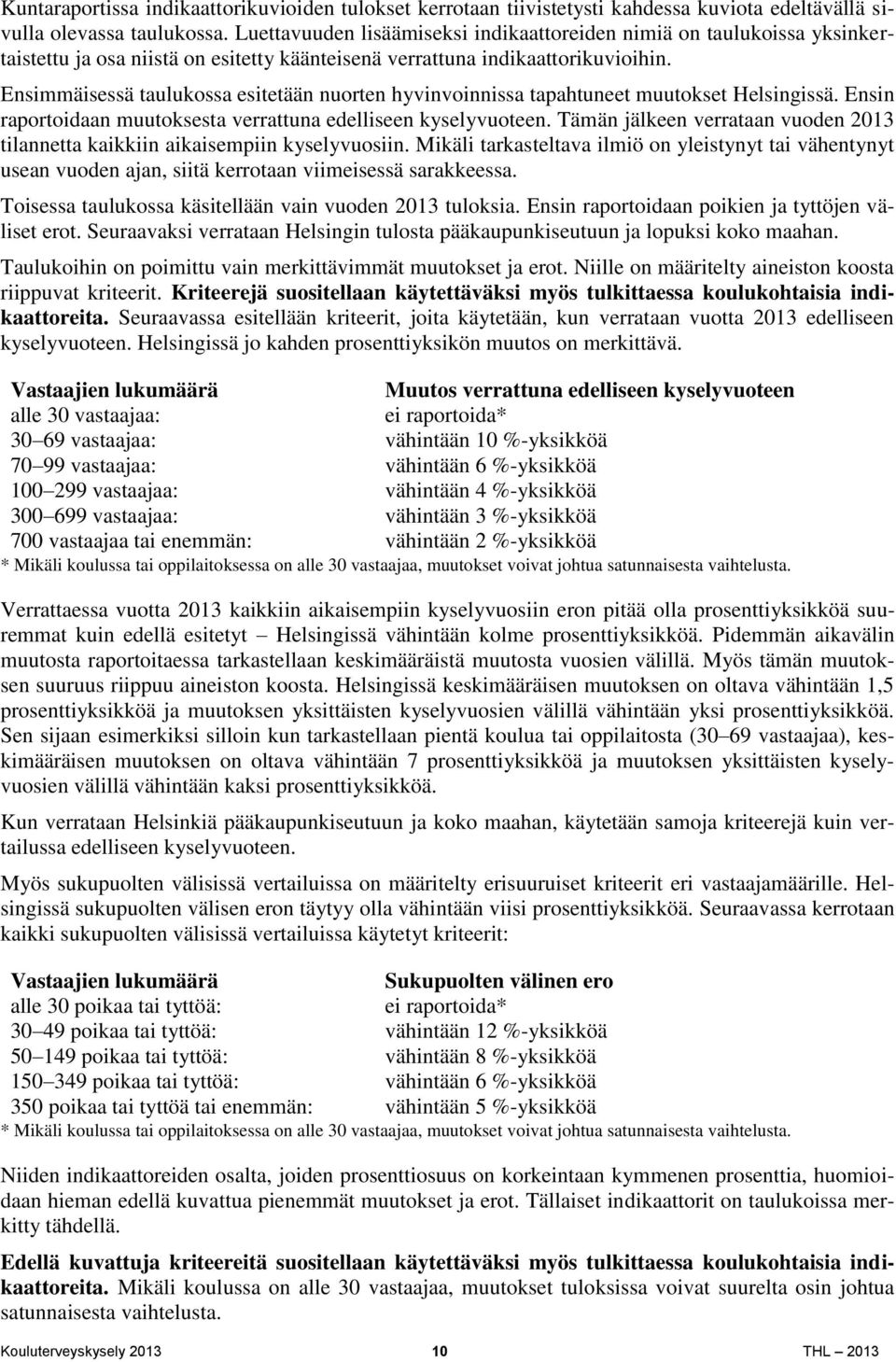 Ensimmäisessä taulukossa esitetään nuorten hyvinvoinnissa tapahtuneet muutokset Helsingissä. Ensin raportoidaan muutoksesta verrattuna edelliseen kyselyvuoteen.