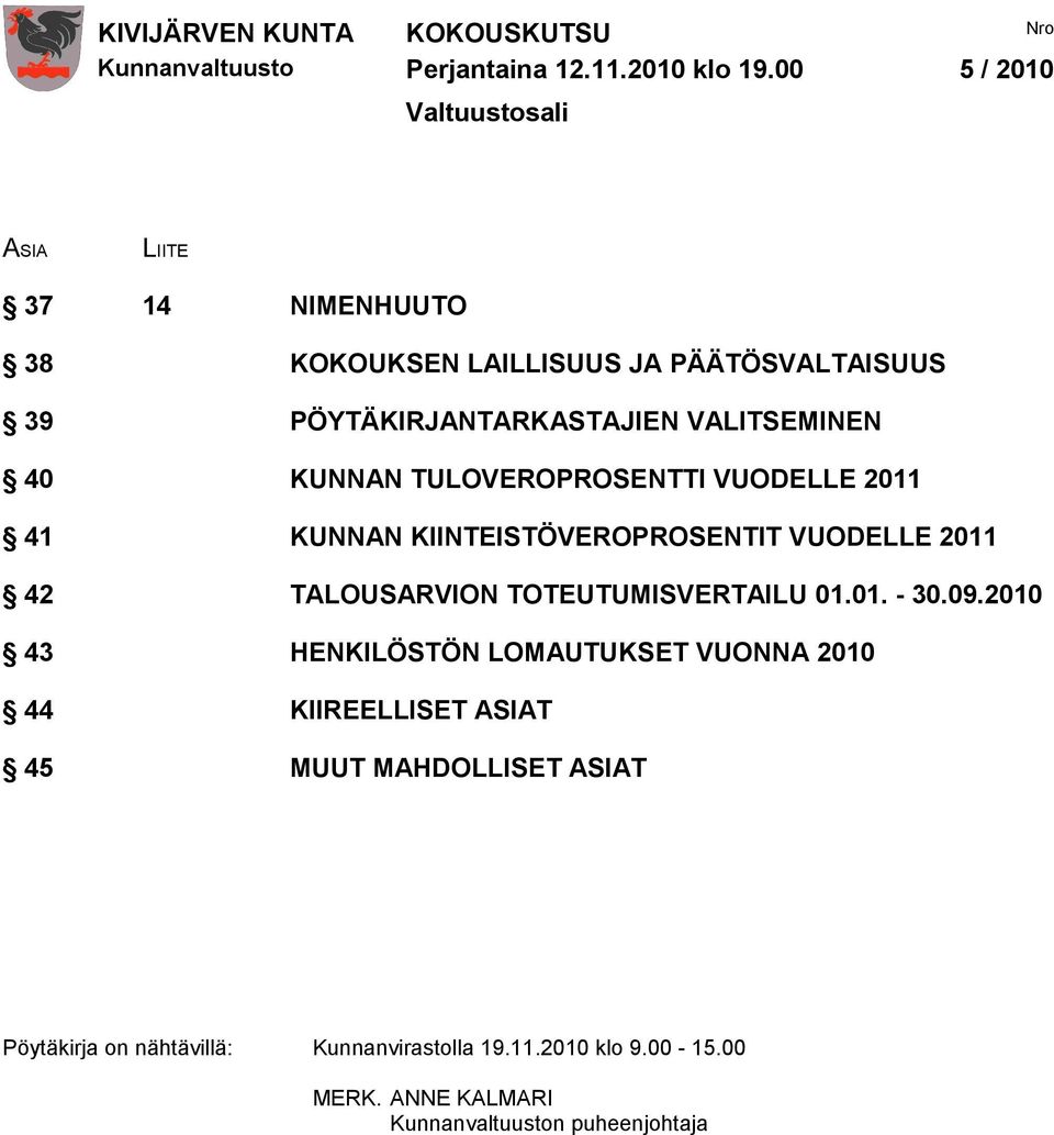 VALITSEMINEN 40 KUNNAN TULOVEROPROSENTTI VUODELLE 2011 41 KUNNAN KIINTEISTÖVEROPROSENTIT VUODELLE 2011 42 TALOUSARVION